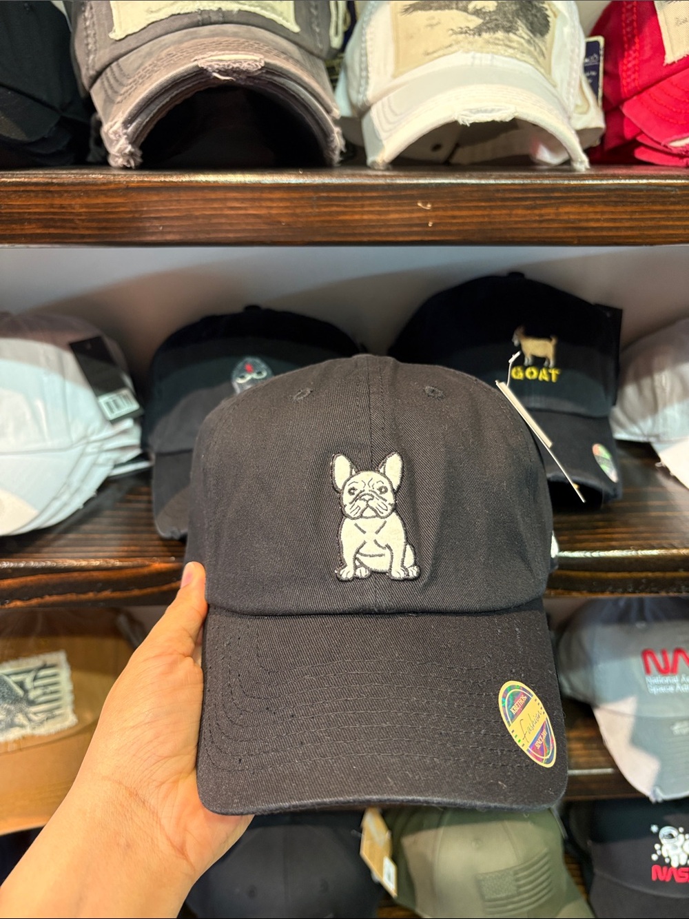 Black Baseball Cap with Embroidered French Bulldog
